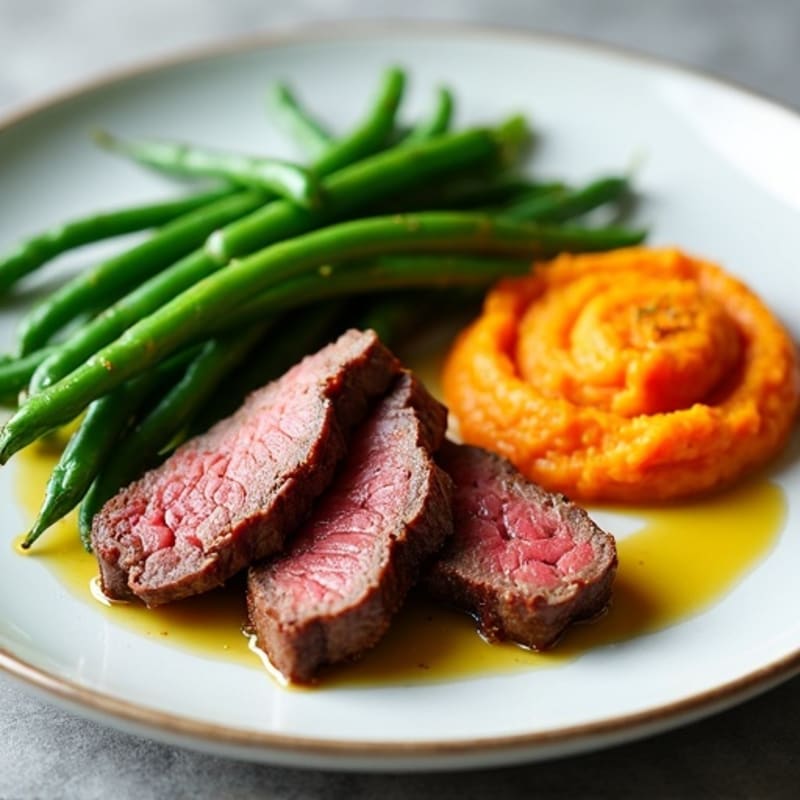 Seared Lean Beef Strips with Steamed Green Beans and Sweet Potato Mash