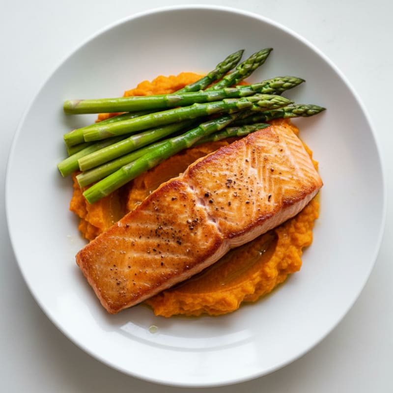 Seared Salmon with Steamed Asparagus and Sweet Potato Mash