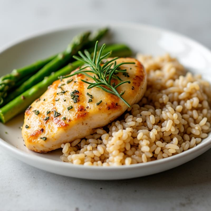 Herb-Roasted Chicken Breast with Steamed Asparagus and Brown Rice