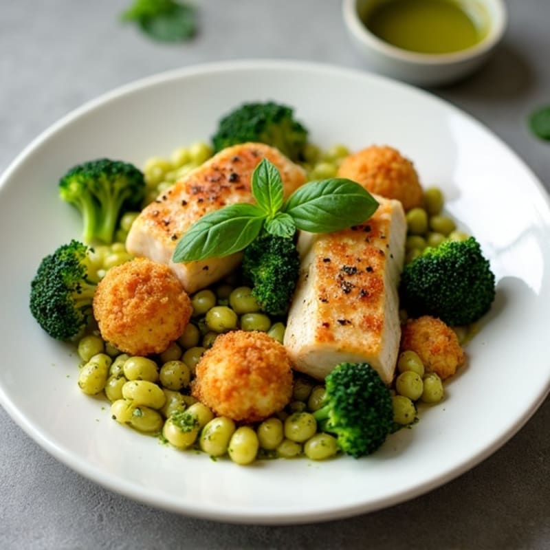 Crispy Gnocchi with Fresh Basil Pesto, Pan-Seared Chicken, and Roasted Broccoli