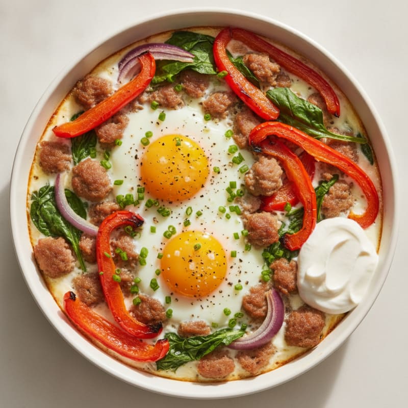 Baked Eggs with Roasted Vegetables and Lean Turkey Sausage