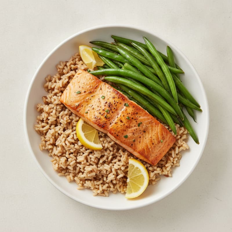 Seared Salmon Fillet with Steamed Green Beans and Brown Rice