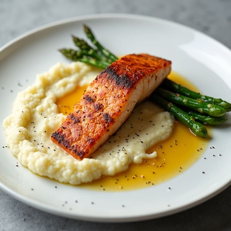 Seared Salmon with Roasted Asparagus and Cauliflower Mash