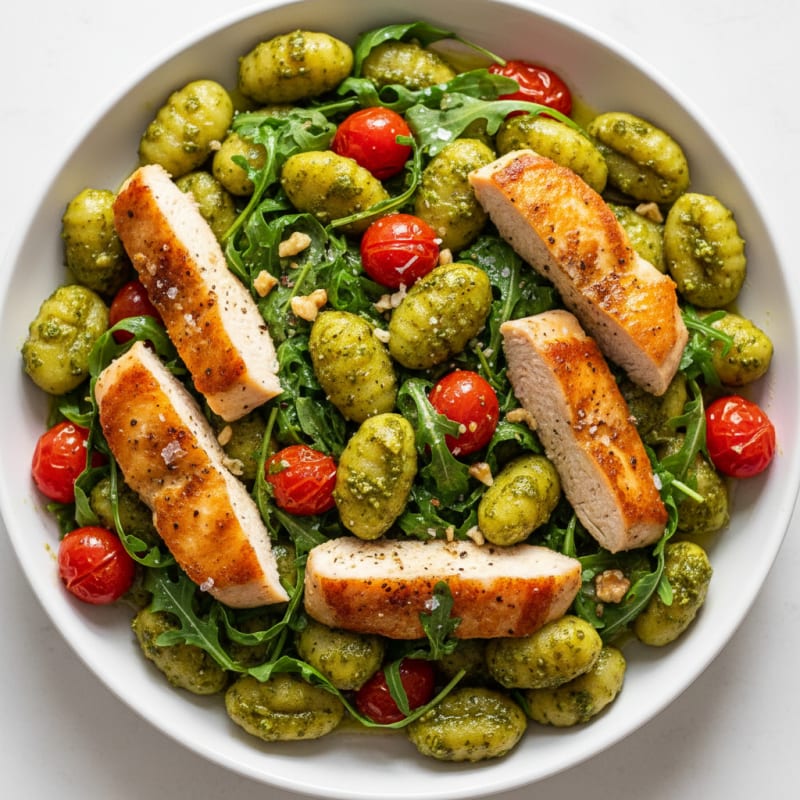 Gnocchi with Arugula Pesto and Cherry Tomatoes