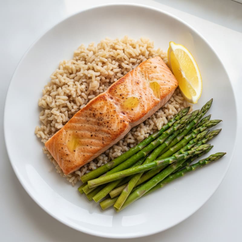Seared Salmon Fillet with Steamed Asparagus and Brown Rice