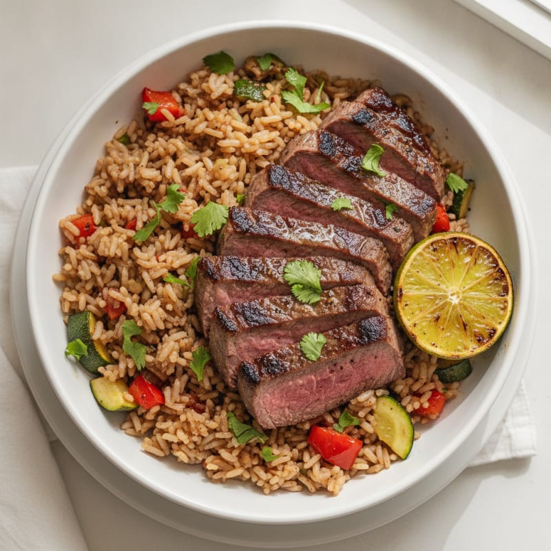 Grilled Beef and Roasted Vegetable Rice Bowl