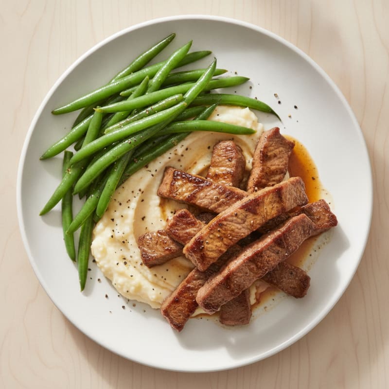 Seared Lean Beef Strips with Steamed Green Beans and Cauliflower Mash