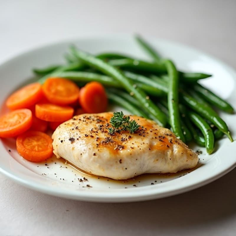 Garlic Herb Roasted Chicken Breast with Maple Glazed Carrots and Steamed Green Beans