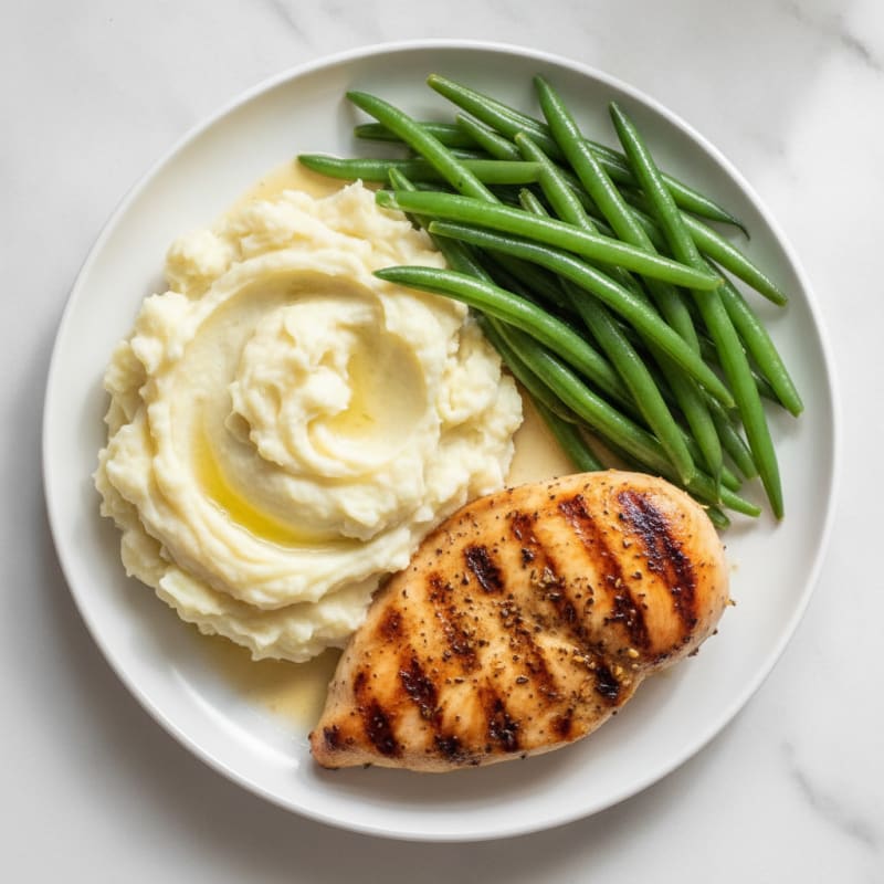 Grilled Chicken Breast with Steamed Green Beans and Mashed Potatoes
