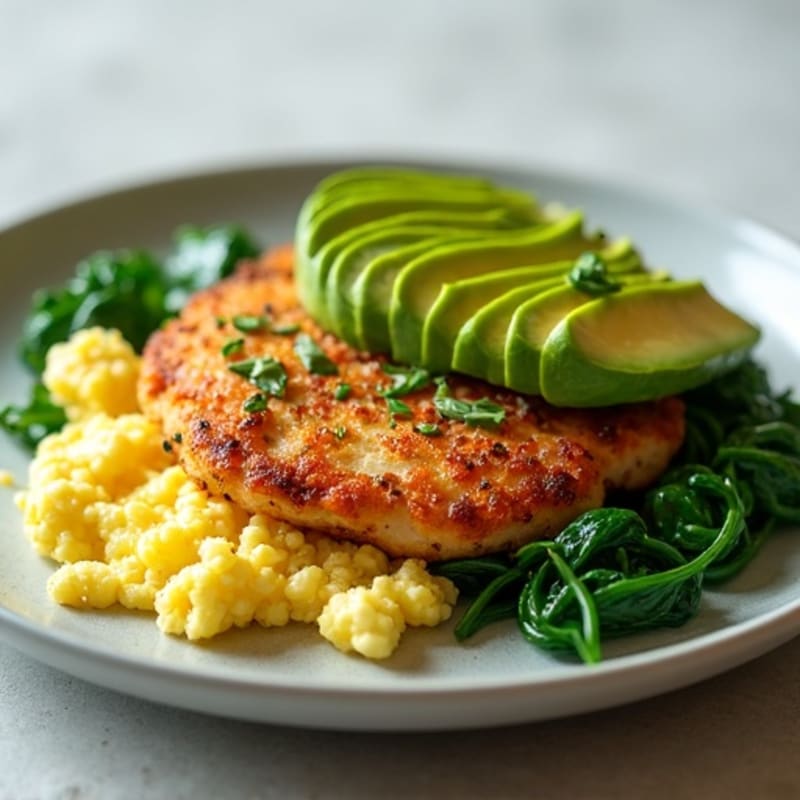 Crispy Chicken Egg White Scramble with Sautéed Spinach