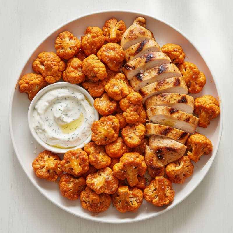 Buffalo Cauliflower Bites with Ranch Dip & Grilled Chicken