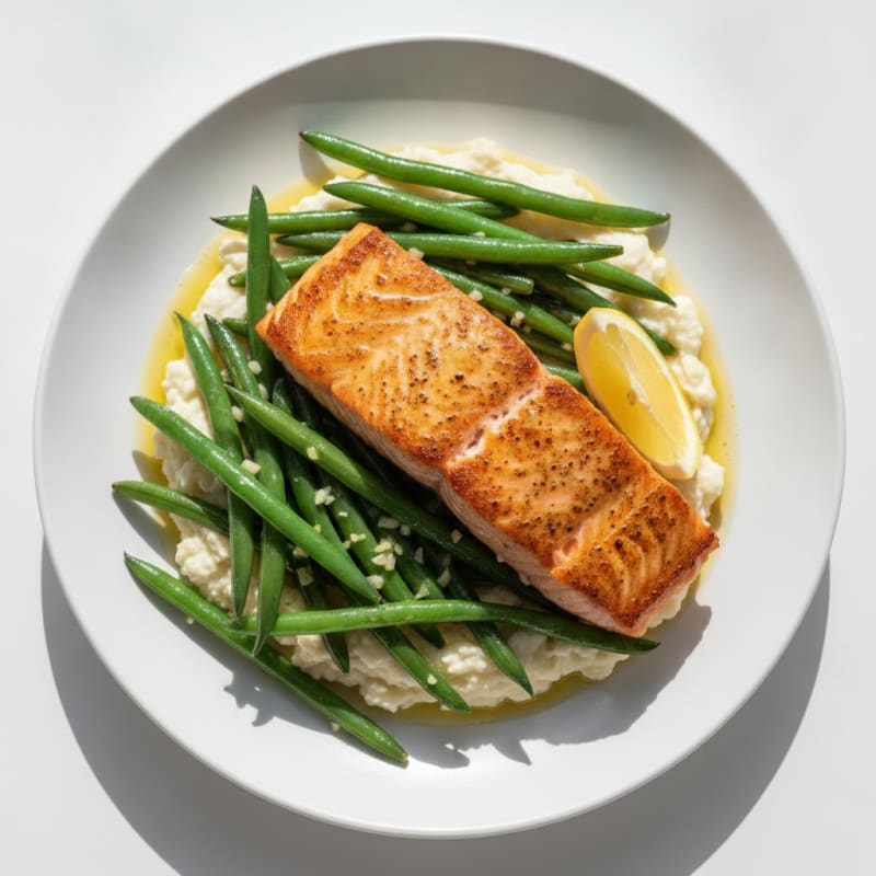 Seared Salmon with Garlic Green Beans and Mashed Cauliflower