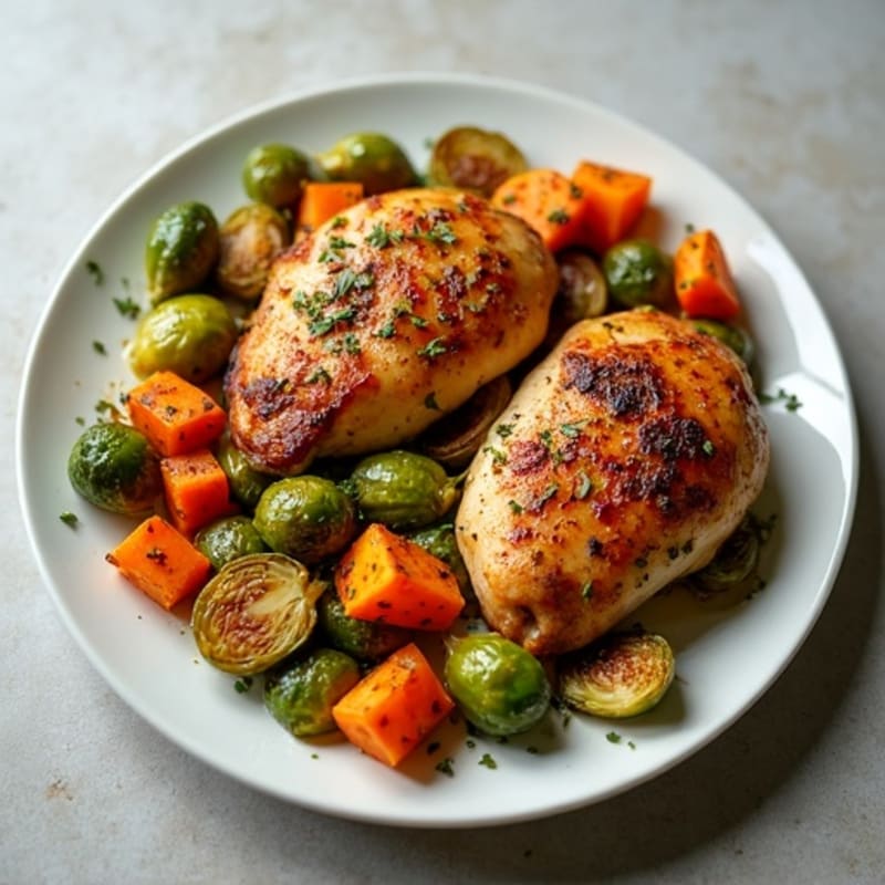 Sheet Pan Roasted Chicken with Crispy Brussels Sprouts and Sweet Potatoes