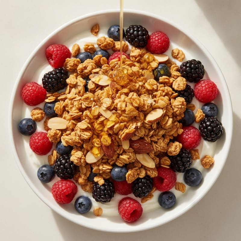 Greek Yogurt Parfait with Crunchy Almond Granola and Mixed Berries