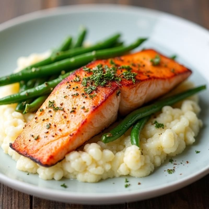 Seared Salmon with Garlic Green Beans and Cauliflower Mash