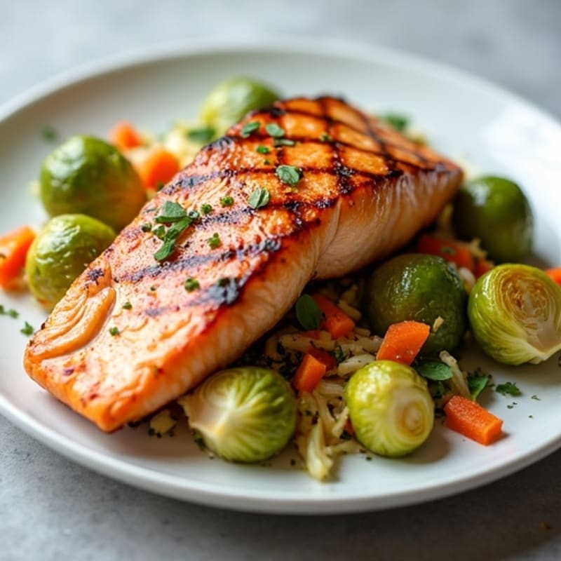 Grilled Salmon with Roasted Brussels Sprouts and Pickle Slaw