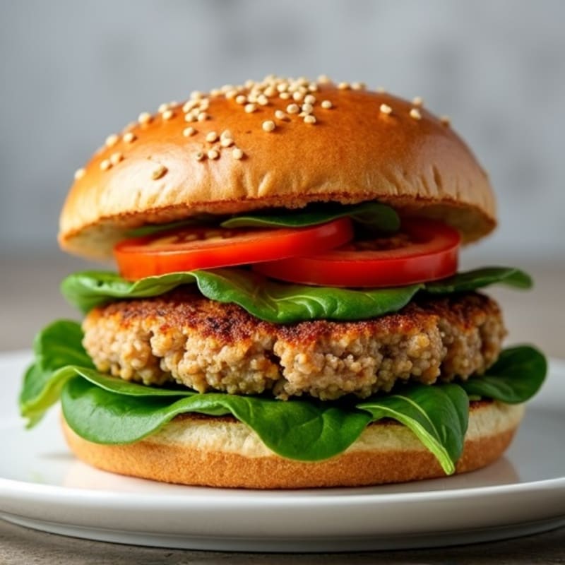 Ground Turkey Burger with Fresh Spinach and Tomato on Whole Wheat Bun