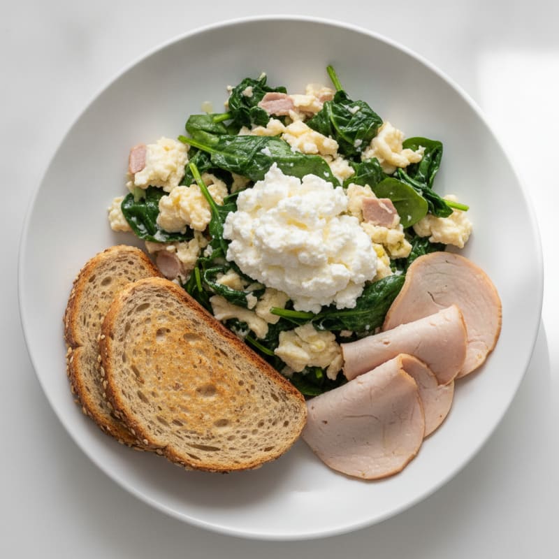 Egg White and Spinach Scramble with Cottage Cheese and Sliced Turkey