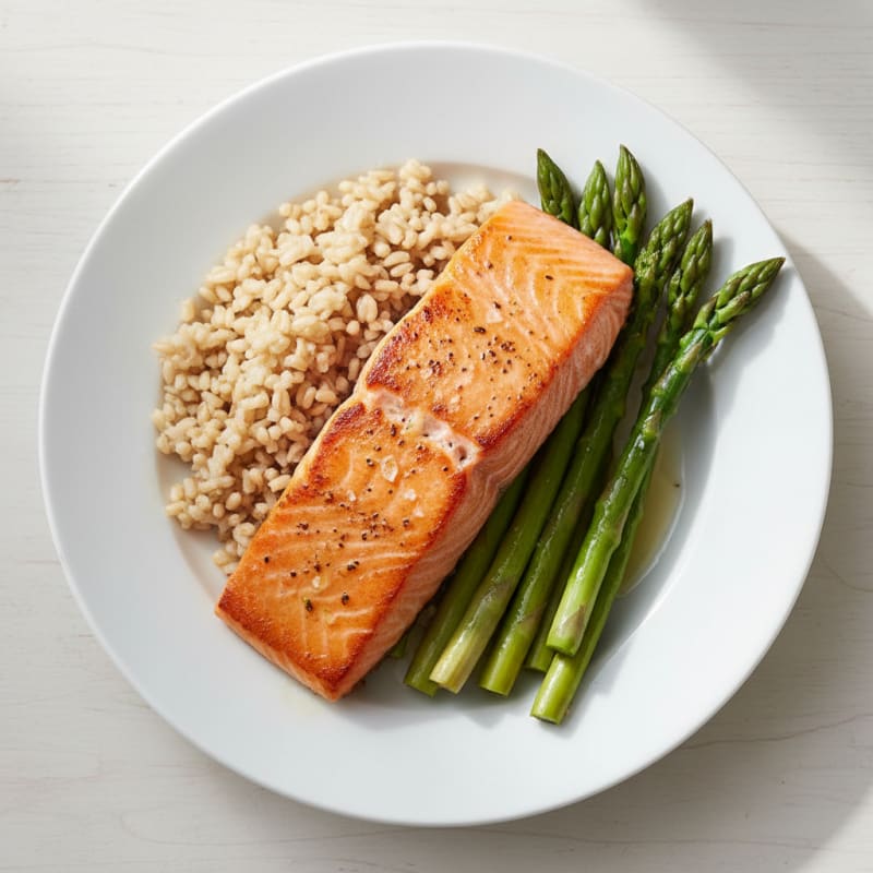 Seared Salmon Fillet with Steamed Asparagus and Brown Rice