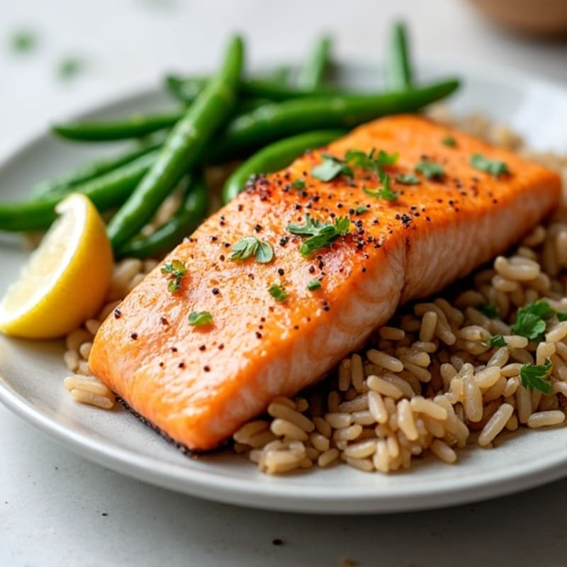 Seared Salmon with Garlic Green Beans and Brown Rice