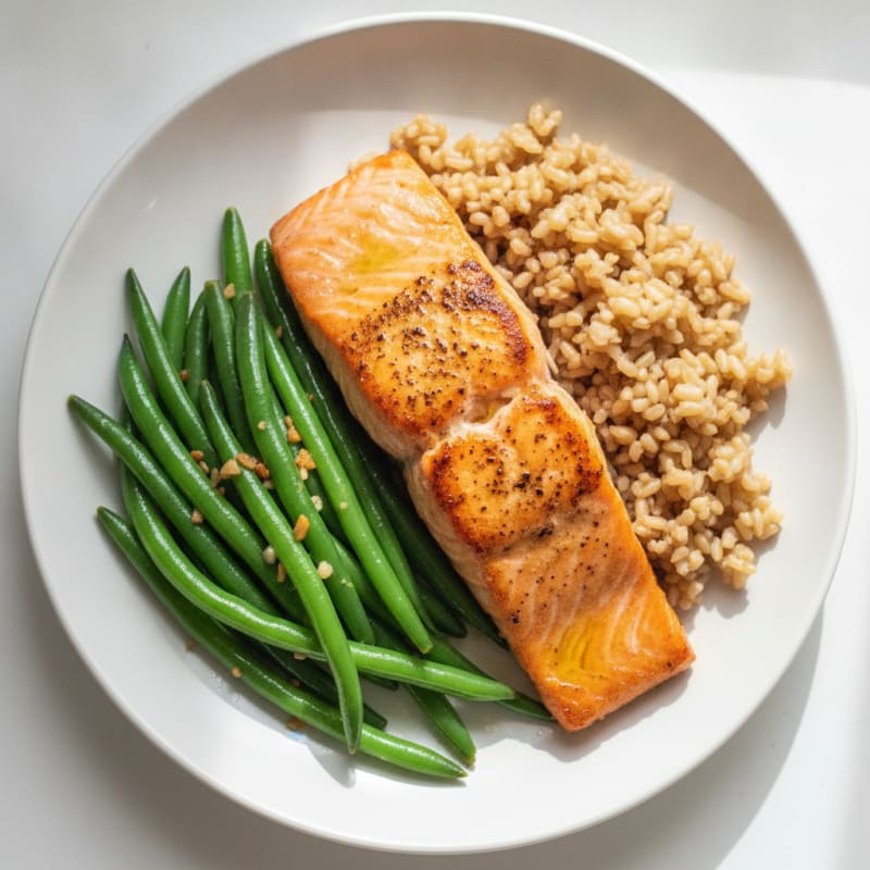 Seared Salmon with Garlic Green Beans and Brown Rice
