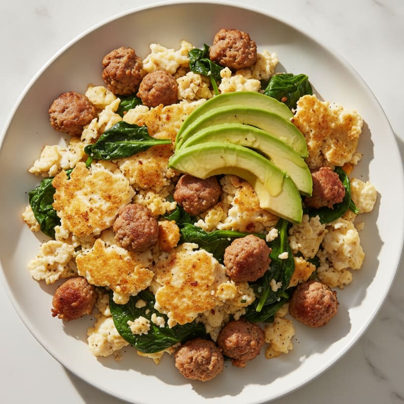 Crispy Egg White Scramble with Turkey Sausage and Sautéed Spinach