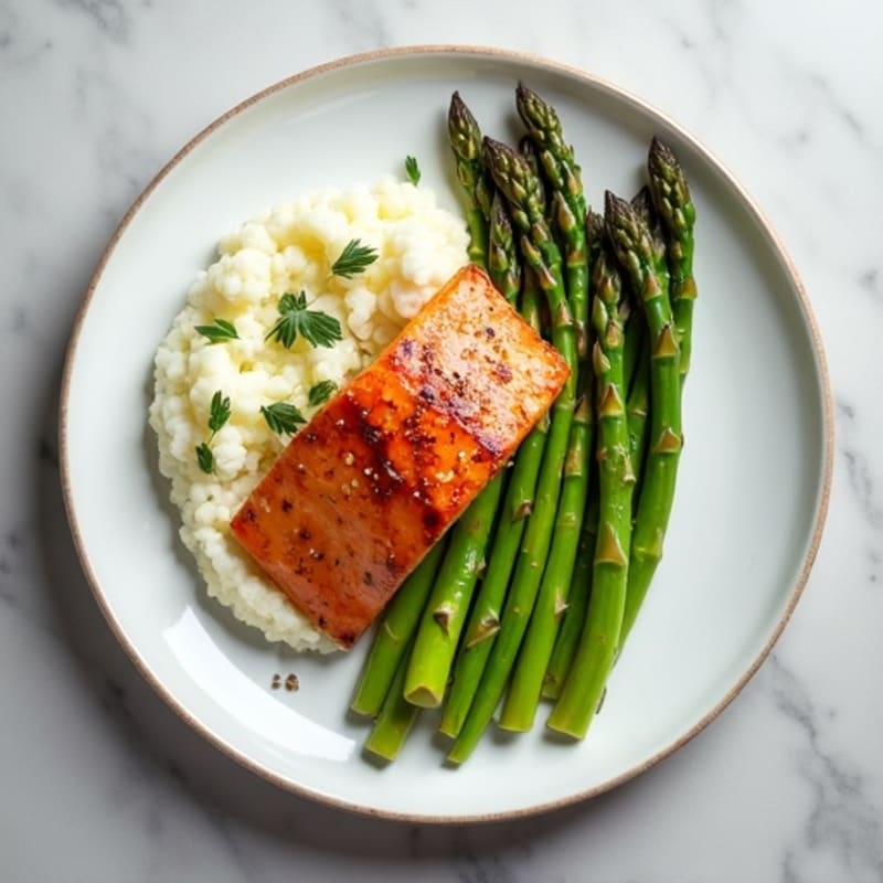 Seared Salmon with Steamed Asparagus and Cauliflower Mash