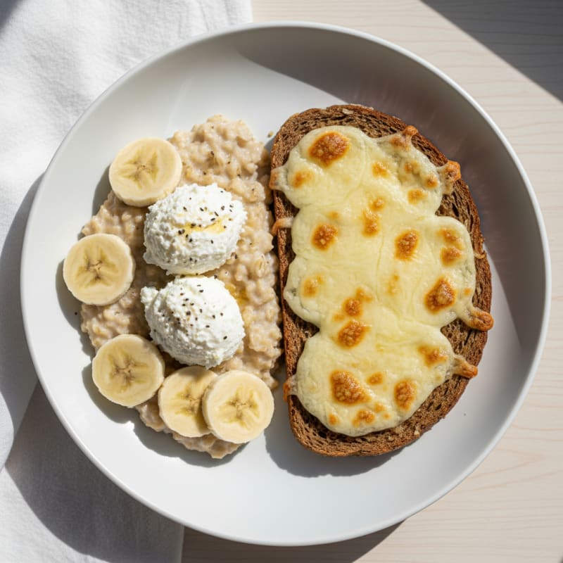 Oatmeal with Cottage Cheese, Sliced Banana, and Low-Fat Cheese Toast