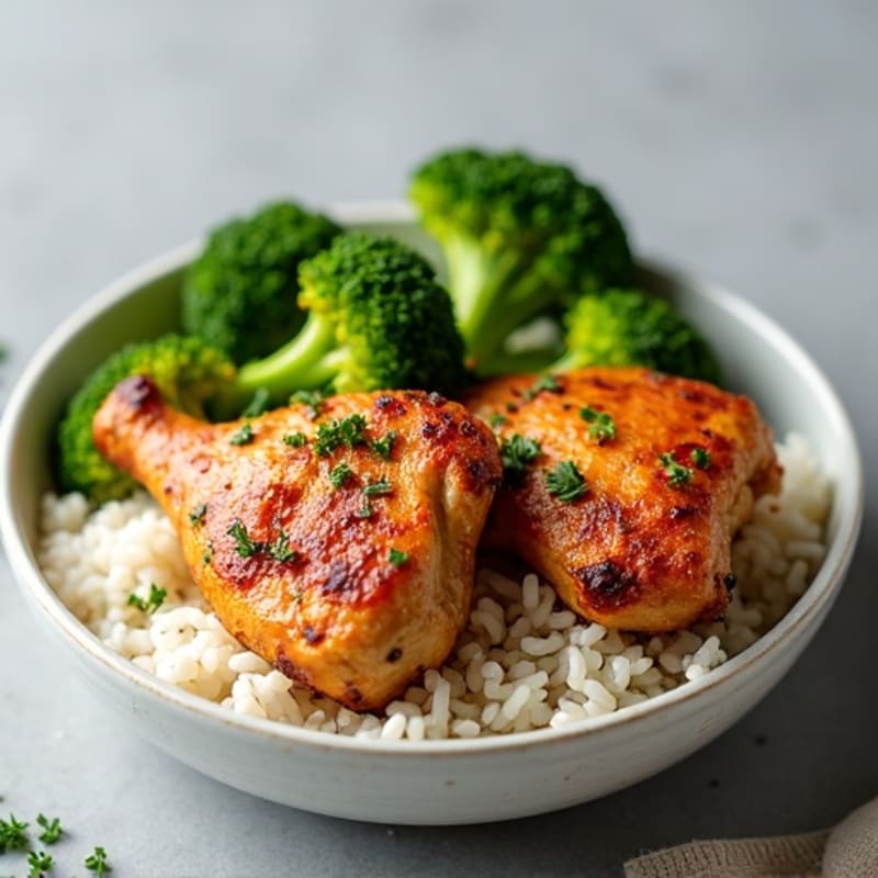 Crispy Grilled Chicken Thighs with Steamed Broccoli and Fluffy White Rice