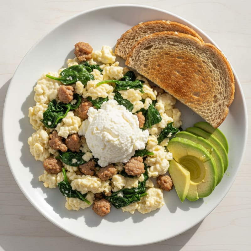 Egg White and Turkey Sausage Scramble with Spinach and Cottage Cheese