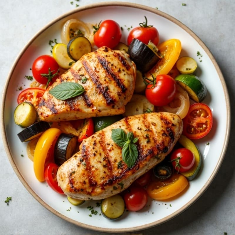 Herb-Roasted Vegetable Ratatouille with Fresh Thyme and Grilled Chicken