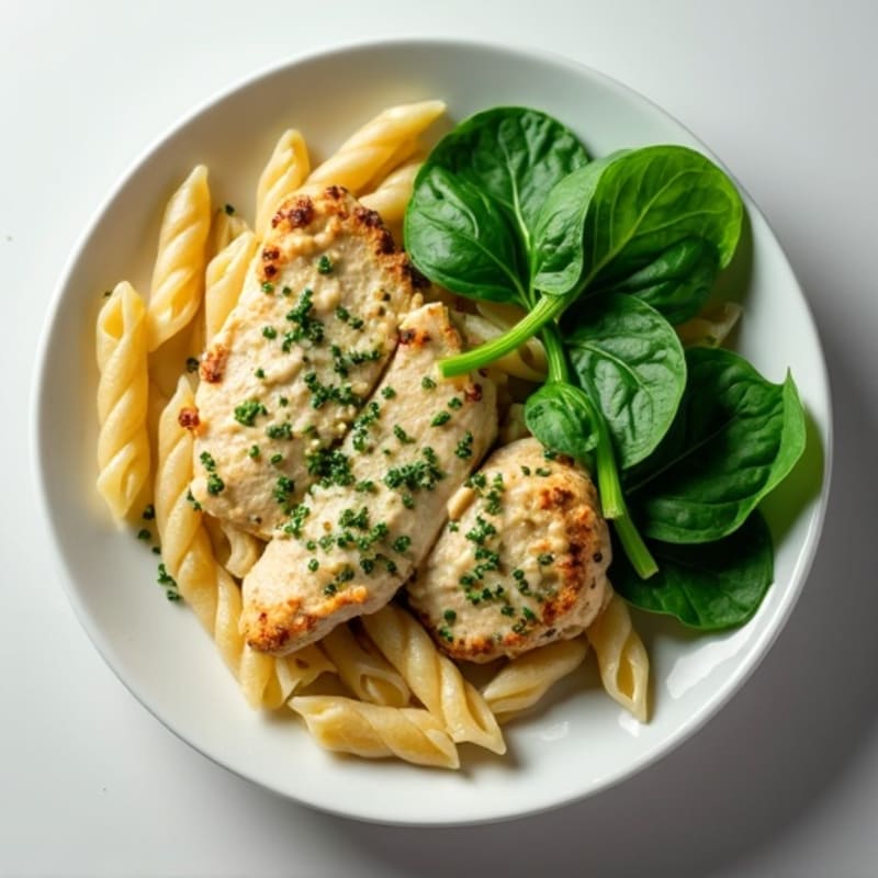 Creamy Pesto Chicken with Whole Wheat Pasta and Fresh Spinach