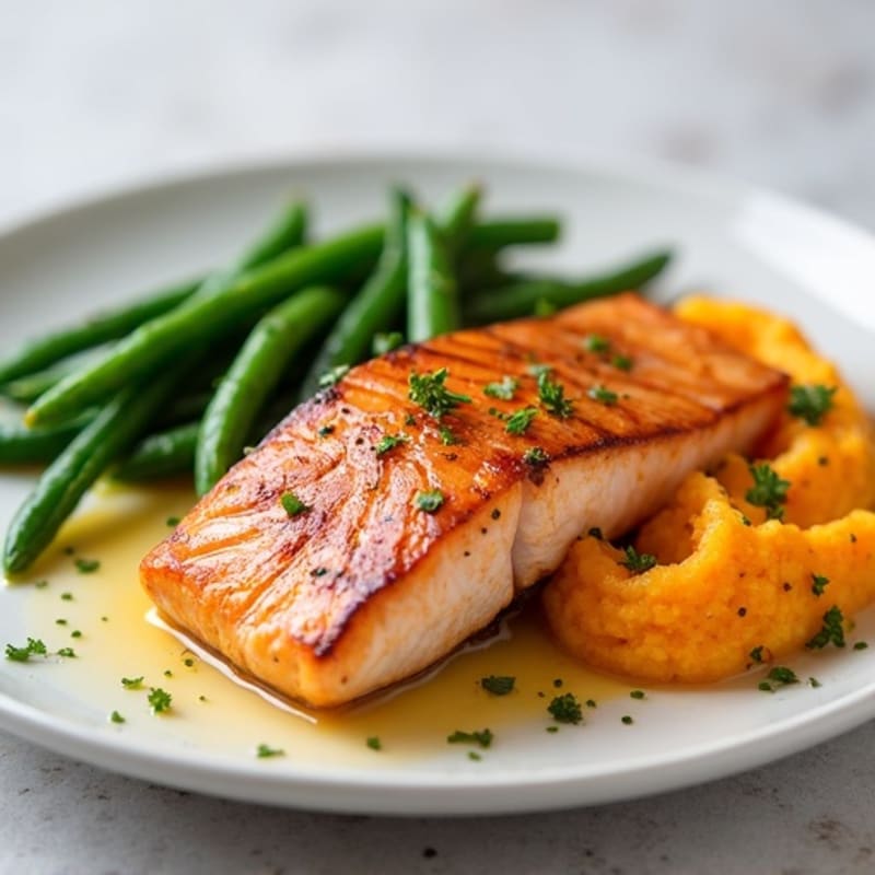 Seared Salmon Fillet with Garlic Green Beans and Sweet Potato Mash