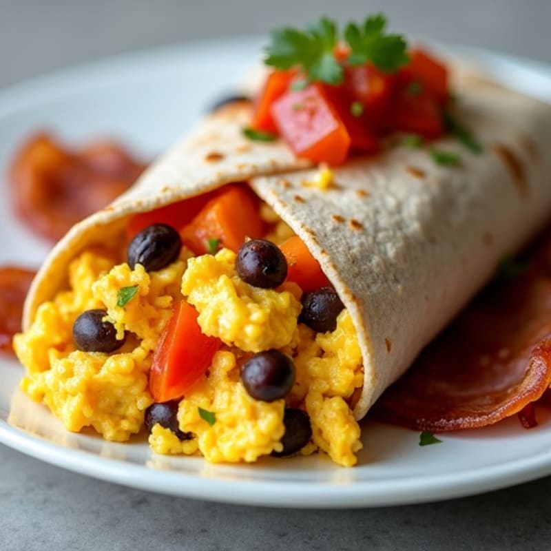 Hearty Scrambled Egg and Black Bean Breakfast Burrito with Roasted Sweet Potatoes