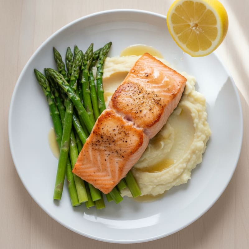 Seared Salmon with Steamed Asparagus and Cauliflower Mash