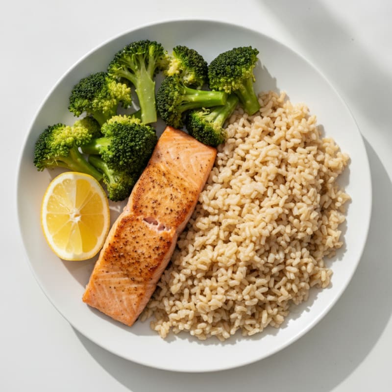 Seared Salmon with Steamed Broccoli and Brown Rice