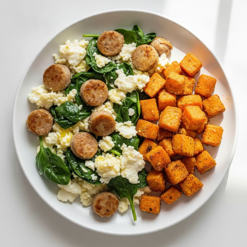 Crispy Turkey Sausage and Egg White Scramble with Spinach