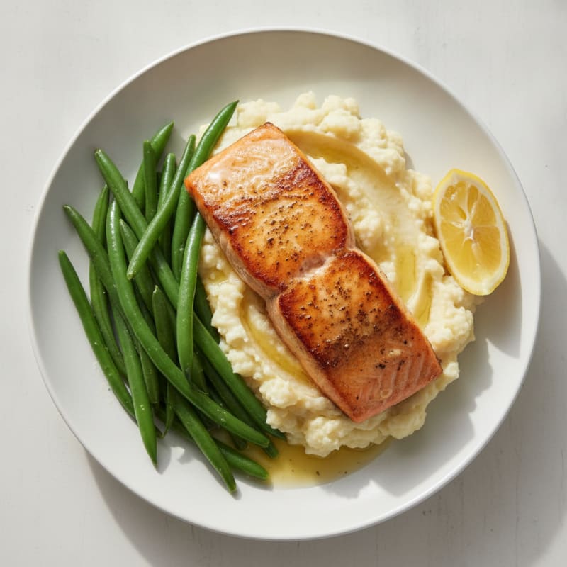 Seared Salmon with Steamed Green Beans and Garlic Mashed Cauliflower