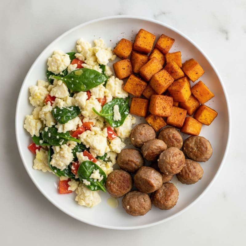 Egg White Scramble with Turkey Sausage and Roasted Sweet Potatoes