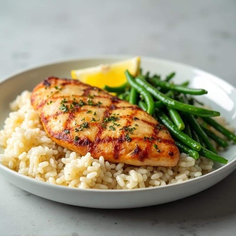 Seared Chicken Breast with Lemon-Garlic Green Beans and Steamed Jasmine Rice