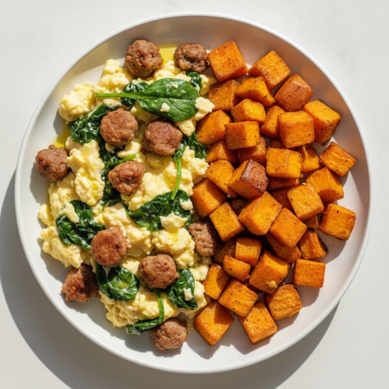 Egg White Spinach Scramble with Turkey Sausage and Roasted Sweet Potato