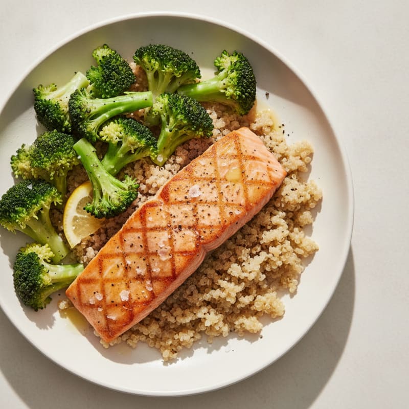 Seared Salmon with Steamed Broccoli and Quinoa