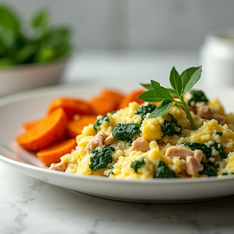 Egg White and Turkey Spinach Scramble with Roasted Sweet Potatoes
