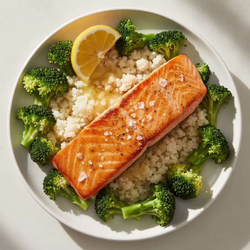 Seared Salmon Fillet with Steamed Broccoli and Cauliflower Rice