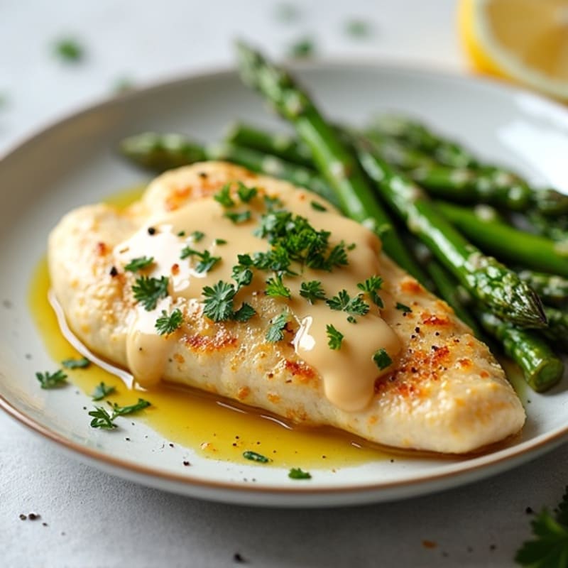 Creamy Lemon Garlic Chicken with Crispy Roasted Asparagus
