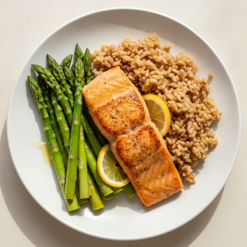Seared Salmon with Steamed Asparagus and Brown Rice