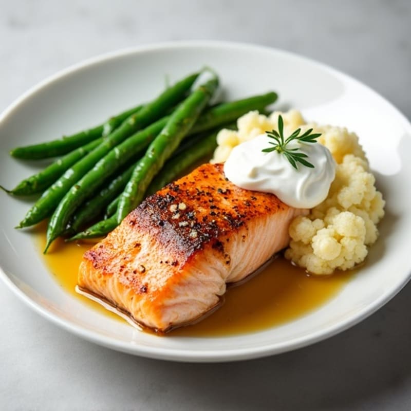 Seared Salmon with Steamed Green Beans and Garlic Mashed Cauliflower