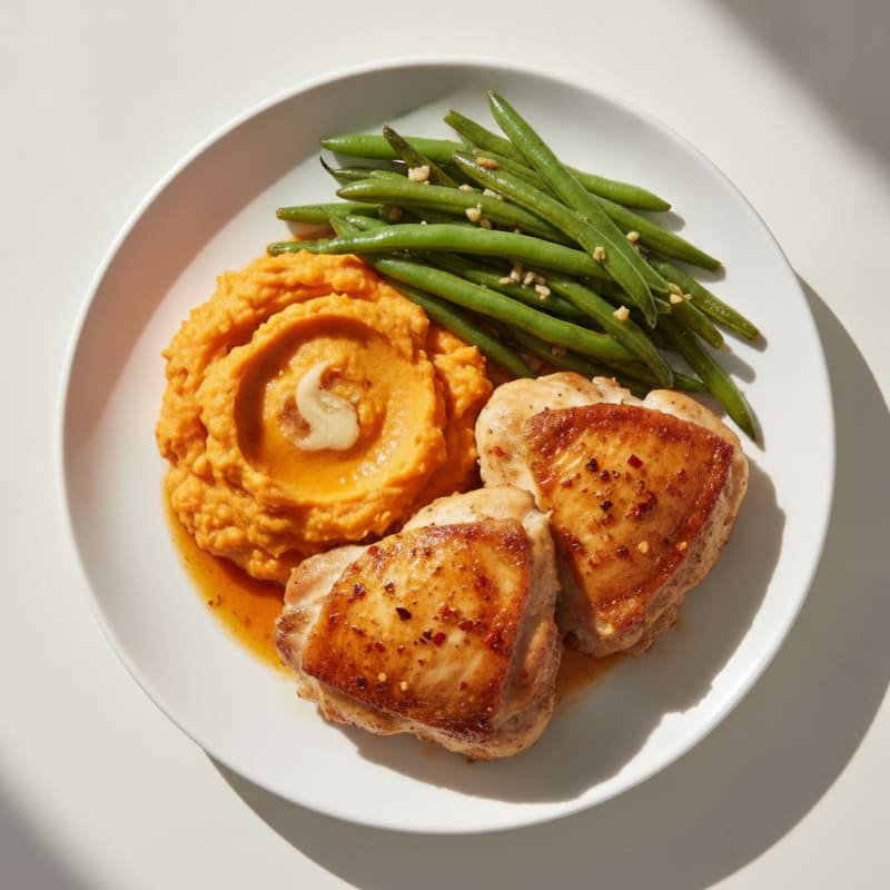 Crispy Baked Chicken Thighs with Garlic Green Beans and Sweet Potato Mash