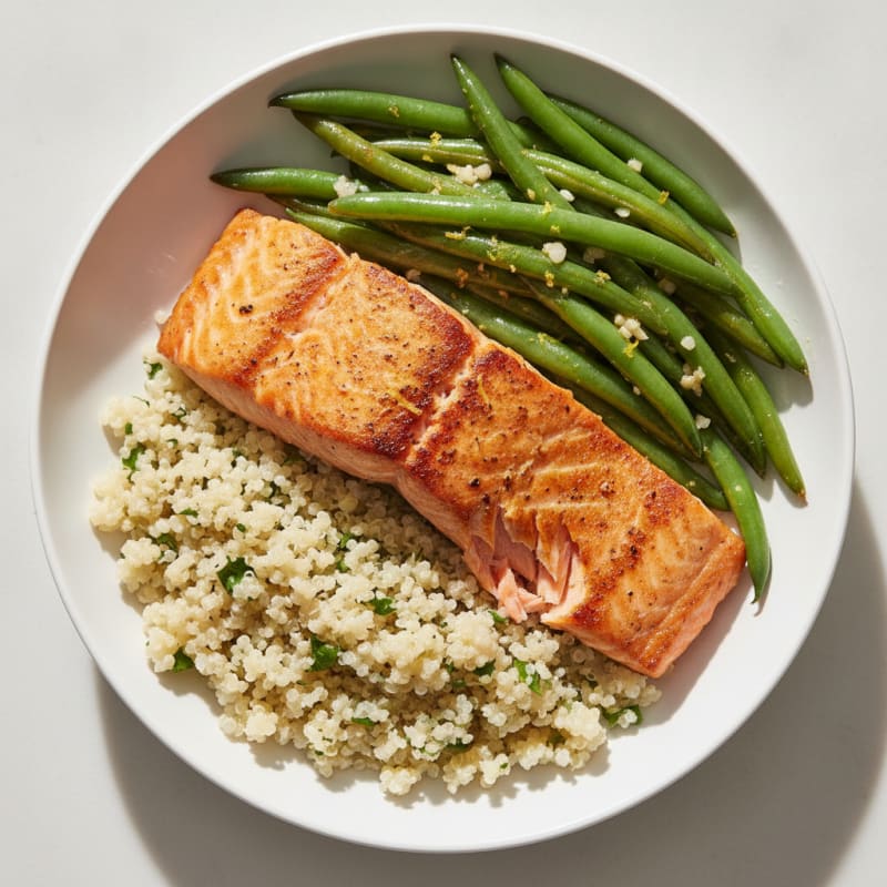 Seared Salmon with Lemon-Garlic Green Beans and Quinoa