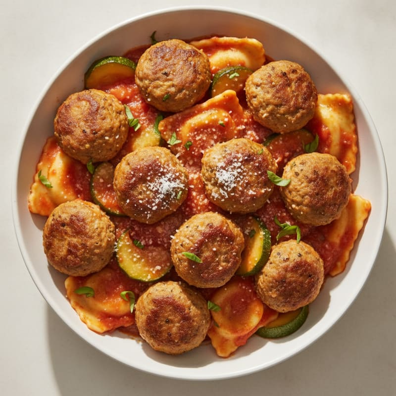 Ravioli with Savory Meatballs and Marinara